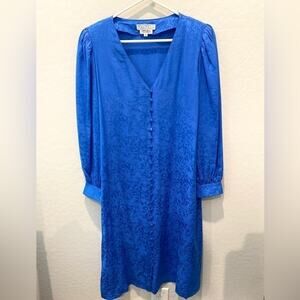 TRIFLES | Vintage Retro 100% Silk Blue Embossed Floral Long Sleeve Dress | 12
